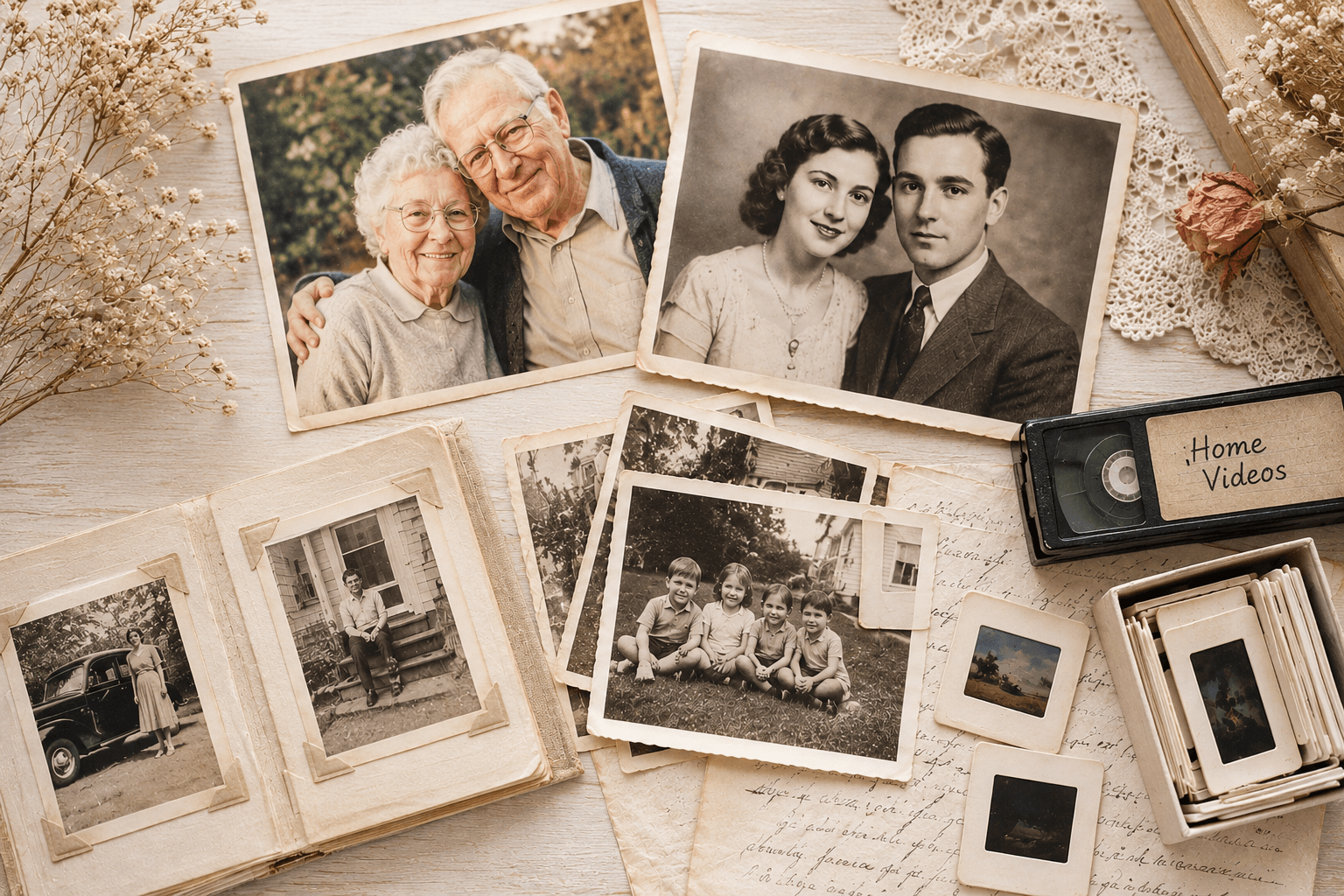 Vintage family photographs, an old album, a home-video tape and slides spread across a table.